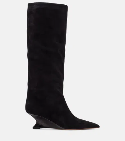 Paris Texas Pointed Toe Knee Length Suede Ankle Boots In Black