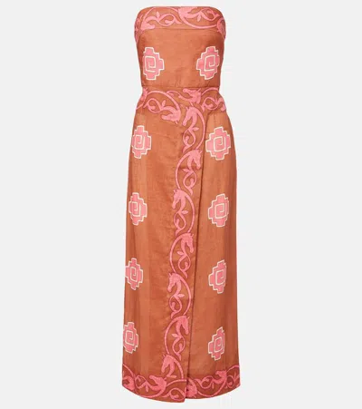 Johanna Ortiz Ancient Strapless Wrap-effect Printed Linen Midi Dress In Brown