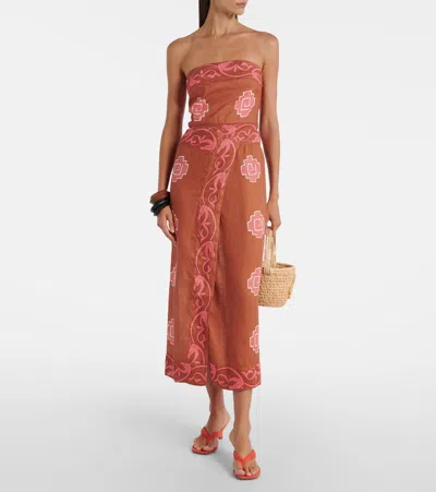 Johanna Ortiz Ancient Strapless Wrap-effect Printed Linen Midi Dress In Brown
