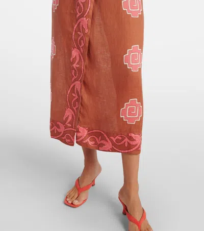 Johanna Ortiz Ancient Strapless Wrap-effect Printed Linen Midi Dress In Brown