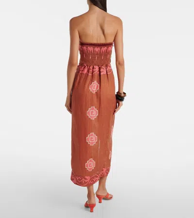 Johanna Ortiz Ancient Strapless Wrap-effect Printed Linen Midi Dress In Brown