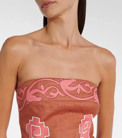 Johanna Ortiz Ancient Strapless Wrap-effect Printed Linen Midi Dress In Brown