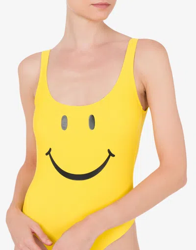 Moschino Smiley Print One-piece Swimsuit In Yellow