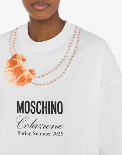 Moschino White Cotton T-shirt With Croissant And Pearls Print In White