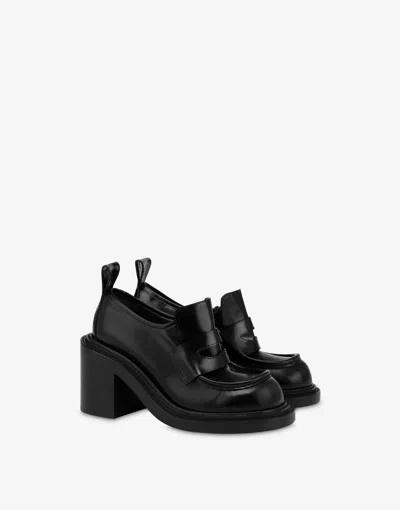 Moschino Block Heel Loafers Pull Tab In Black