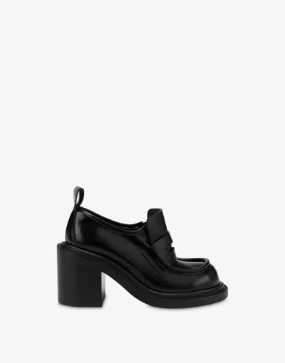 Moschino Block Heel Loafers Pull Tab In Black