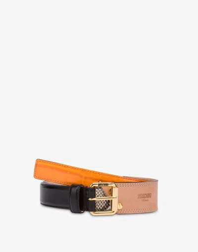 Moschino Calf Patchwork Belt In Orange