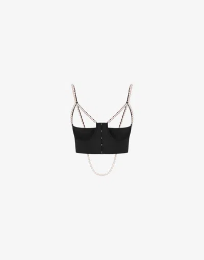 Moschino Stretch Poplin Crop Top With Pearls In Black