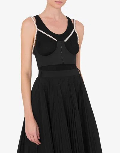 Moschino Stretch Poplin Crop Top With Pearls In Black