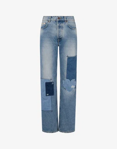 Moschino High-rise Denim Trousers With Patchwork Detailing In Blue