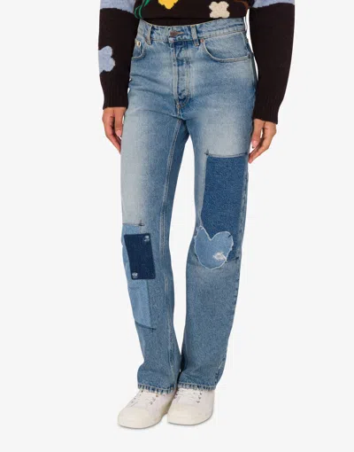 Moschino High-rise Denim Trousers With Patchwork Detailing In Blue