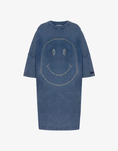 Moschino Smiley Face-studded Mini Dress In Blue