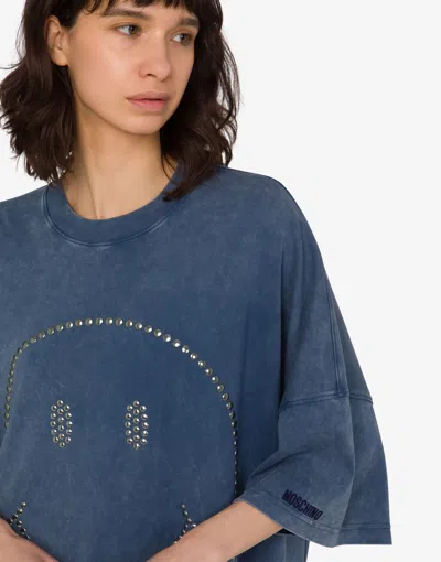 Moschino Smiley Face-studded Mini Dress In Blue