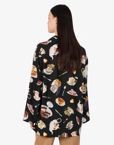 Moschino Tea Time Printed Silk Satin Shirt In Black