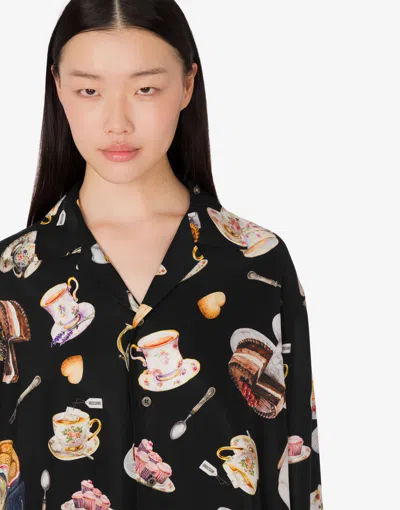 Moschino Tea Time Printed Silk Satin Shirt In Black