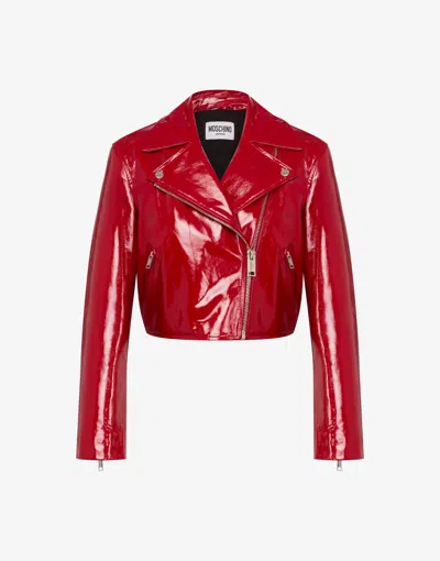 Moschino Patent Leather Biker Crop Jacket In Red