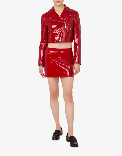 Moschino Patent Leather Biker Crop Jacket In Red