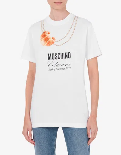 Moschino White Cotton T-shirt With Croissant And Pearls Print In White