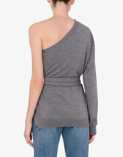 Moschino One-shoulder Wool Cardigan Tailored Twist In Gray