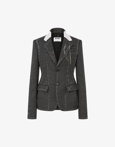 Moschino Embroidered Wool Canvas Jacket With Notch Lapel In Gray