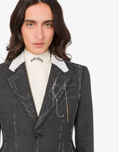 Moschino Embroidered Wool Canvas Jacket With Notch Lapel In Gray