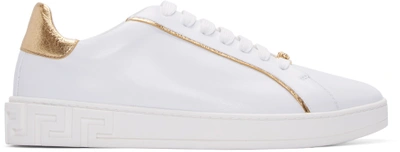 Versace Grecco Signature Accented Leather Low-top Sneakers In White/gold