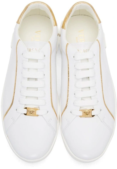 Shop Versace White & Gold Leather Sneakers