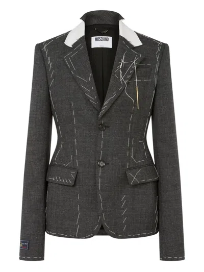 Moschino Embroidered Wool Canvas Jacket With Notch Lapel In Gray