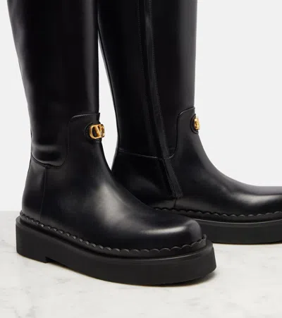 Valentino Vitello Brass Vlogo Leather Knee-high Boots In Black