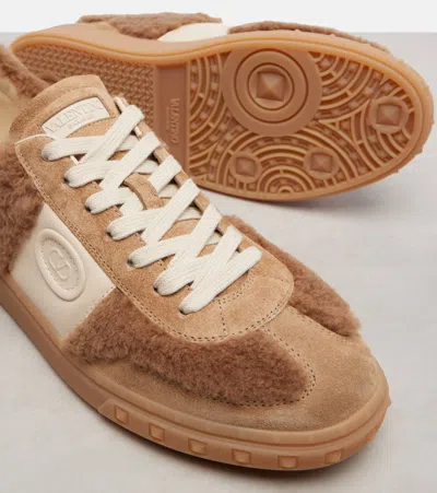 Valentino Garavani Upvillage Suede Shearling Low-top Sneakers In Brown