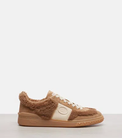 Valentino Garavani Upvillage Suede Shearling Low-top Sneakers In Brown