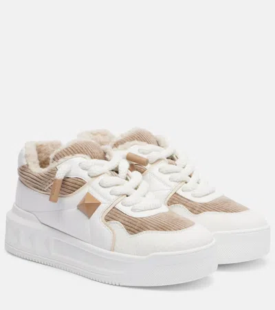 Valentino One Stud Xl Sneakers In Leather And Velvet In White