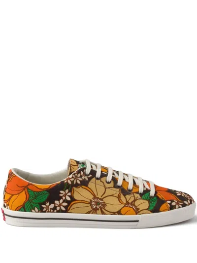 Prada Laced Floral Print Canvas Sneakers In Brown
