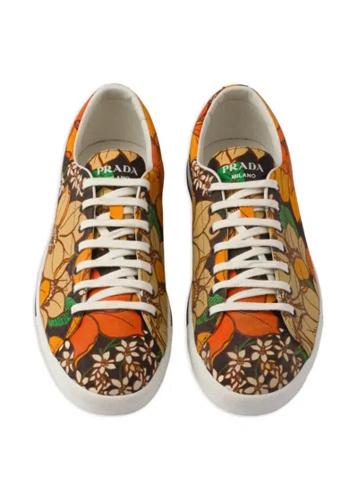 Prada Laced Floral Print Canvas Sneakers In Brown
