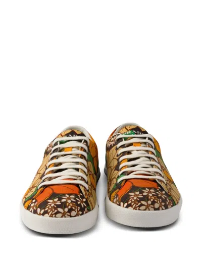 Prada Laced Floral Print Canvas Sneakers In Brown