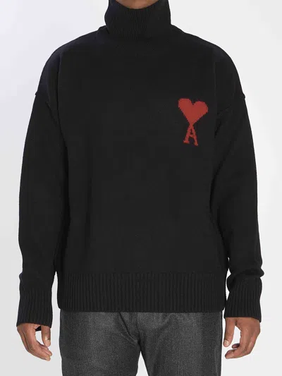 Ami Alexandre Mattiussi Relaxed Fit Black Wool Turtleneck Sweater With Graphic Heart Motif In Black