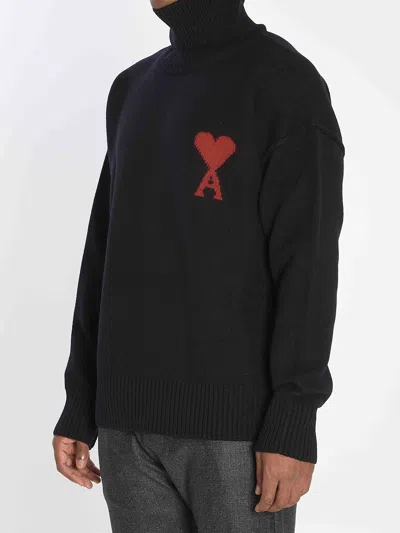 Ami Alexandre Mattiussi Relaxed Fit Black Wool Turtleneck Sweater With Graphic Heart Motif In Black
