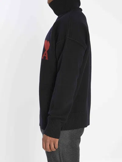 Ami Alexandre Mattiussi Relaxed Fit Black Wool Turtleneck Sweater With Graphic Heart Motif In Black