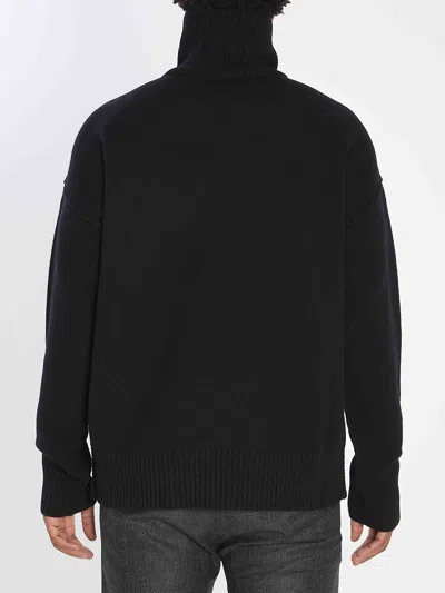 Ami Alexandre Mattiussi Relaxed Fit Black Wool Turtleneck Sweater With Graphic Heart Motif In Black