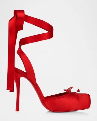 Christian Louboutin 100mm Cassia Silk Ankle-tie Ballerina Pumps In Red