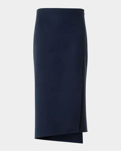 Akris Asymmetric Trapezoid Wool Flannel Double-face Midi Skirt In Blue