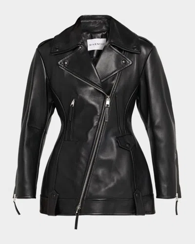 Givenchy Leather Cocoon Waisted Biker Jacket In Black