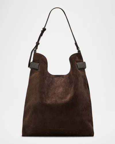 Brunello Cucinelli Essence Large Suede Hobo Bag In Brown