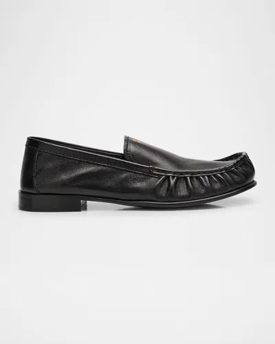 Miu Miu Ruched Leather Mocassin Loafers In Black