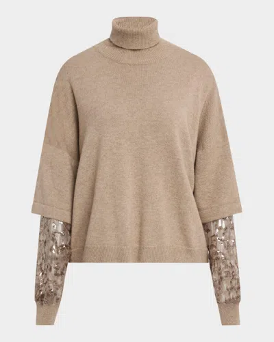 Brunello Cucinelli Cashmere Turtleneck Sweater With Sheer Sequined Sleeves In Brown