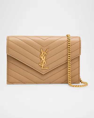 Saint Laurent Small Ysl Wallet On Chain In Quilted Leather In Brown