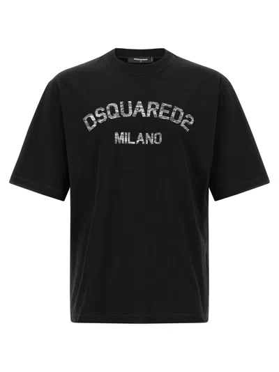 Dsquared2 Loose Fit Tee Logo Dsq2 Milano Sbiadito Effetto Texture Jersey Di Cotone T-shirt In Black