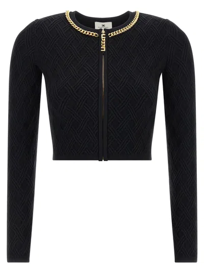 Elisabetta Franchi Diamond Knit Cardigan With Black Jewel Detail In Black