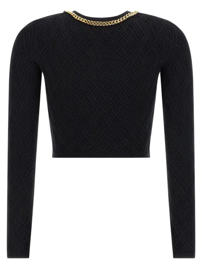 Elisabetta Franchi Diamond Knit Cardigan With Black Jewel Detail In Black