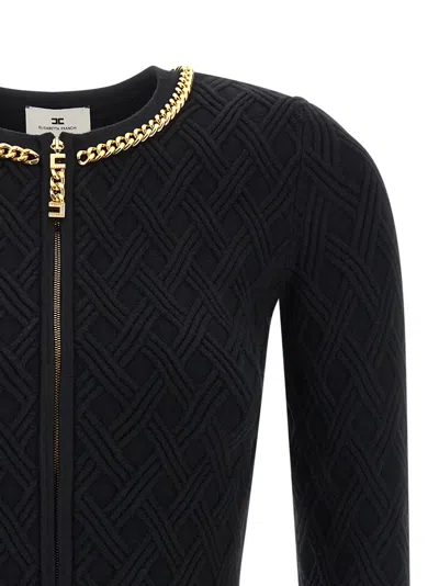 Elisabetta Franchi Diamond Knit Cardigan With Black Jewel Detail In Black